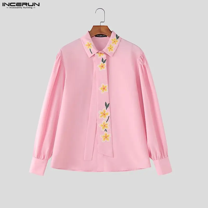 Men Shirt Flower Printing Lapel Long Sleeve Streetwear Men Clothing With Tie Fashion Korean Style Loose Casual Male Tops INCERUN