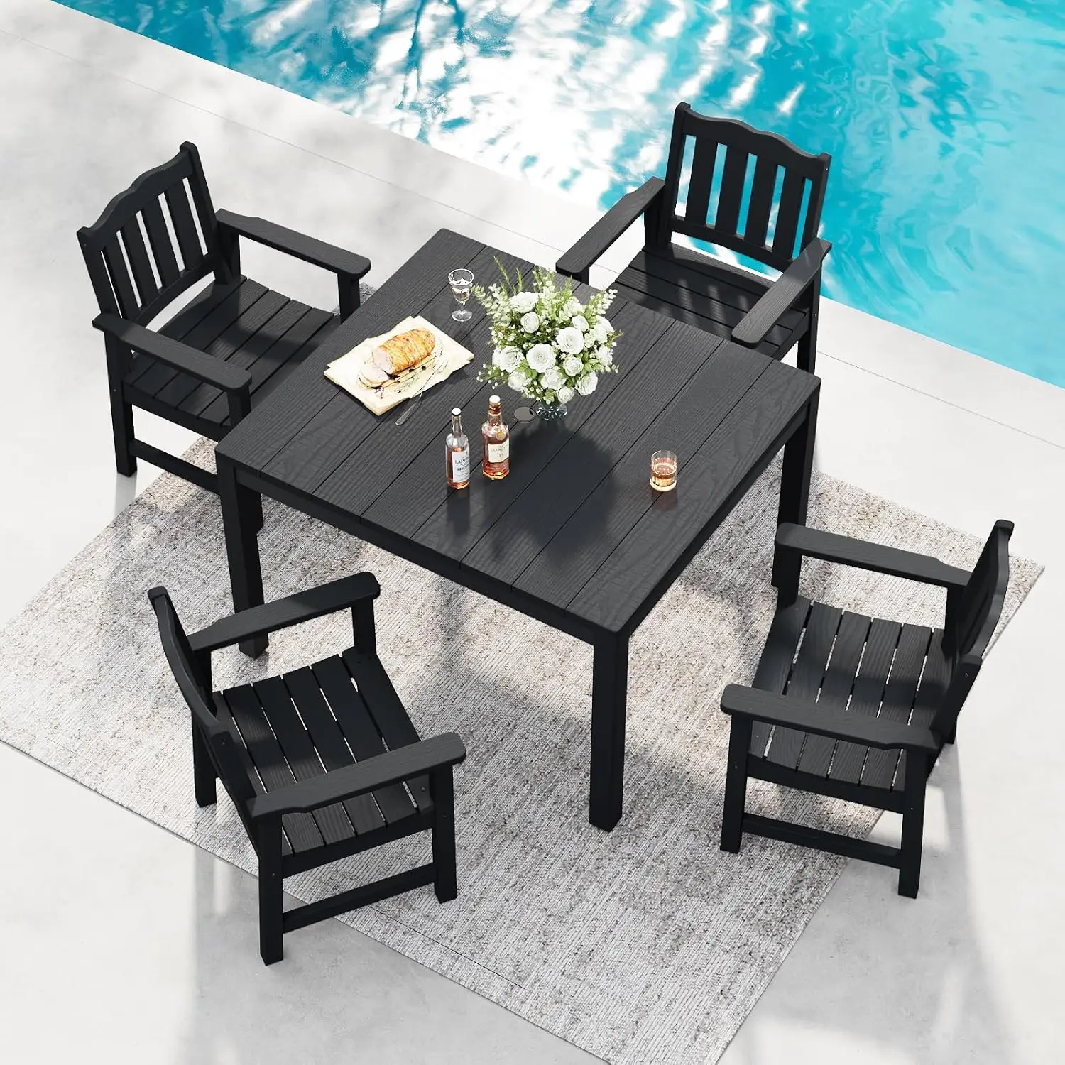 5-Piece Patio Dining Set HIPS & Aluminum Table Umbrella Hole Outdoor 4-Person Black, Customized