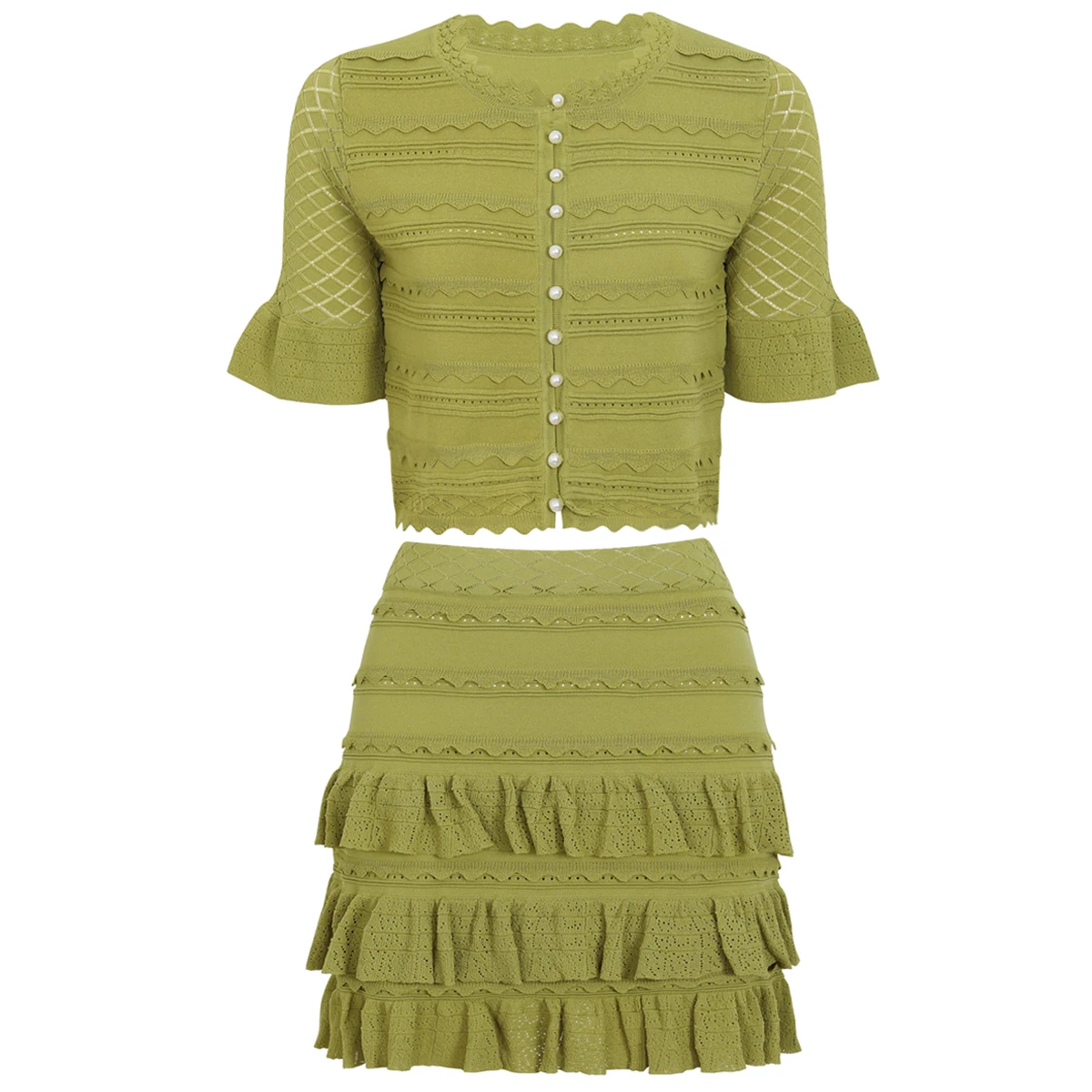 26224 Hochwertige Sommerkollektion: Modisches Damen-Set mit Vielseitigem Spitzen-Strick-Top, Strickjacke, T-Shirt und Halbrock