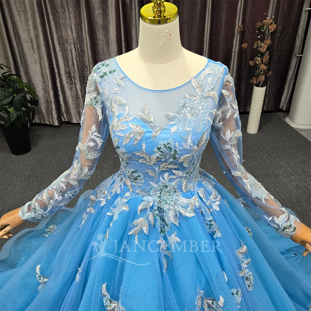 فستان الأميرة Quinceanera الأزرق زهرة طويلة الأكمام بلورات الخرز vestidos de 15 quinceañera فستان حفلة عيد ميلاد مخصص