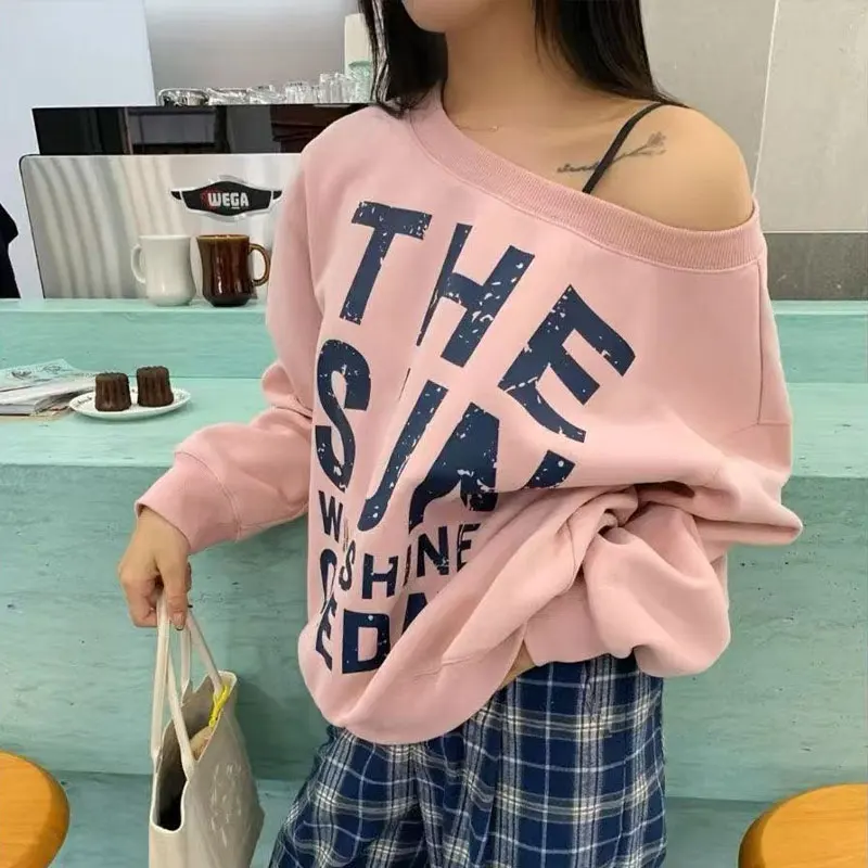

Casual Skew Collar Loose Sweatshirts Women's Clothing American Letter Spring Autumn New Printed Fashionable Off Shoulder Hoodies