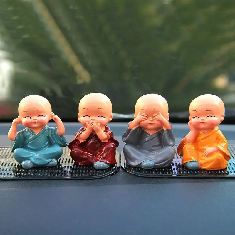 4pcs Cute Monk Resin Crafts Mini  Statue Set Creative Desktop Decor for Car Home Office Zen Space Ornaments
