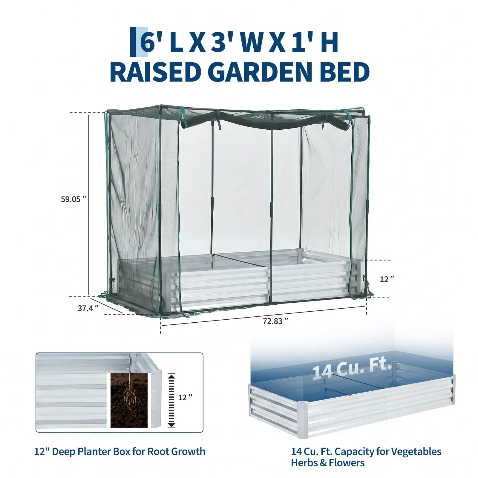 Dual Protection Galvanized Raised Garden Bed with Metal Planter Box – Insect Netting, 60% Shade Cloth, Zipper Door, Animal Barrier – Ideal for Vegetables, Flowers & Herbs – Patio Planter, Silver, 6×3×1ft