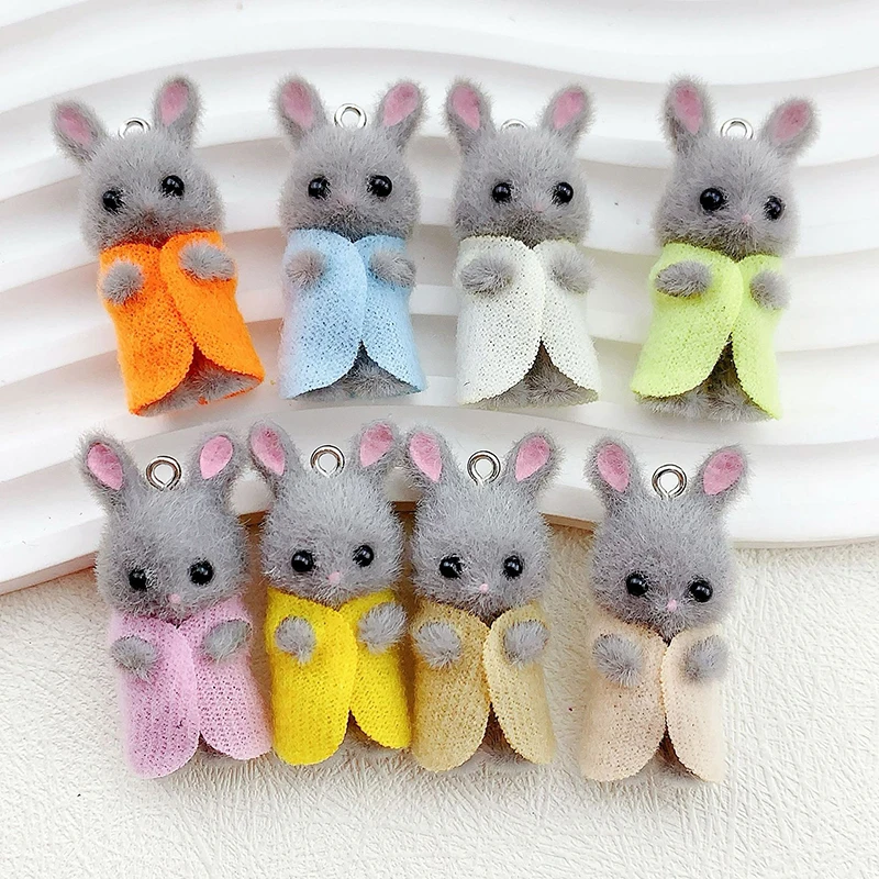 1PCS Kawaii 3D Flocking Rabbit Charm Cute Rabbit Earring Keychain Pendant DIY Accessories