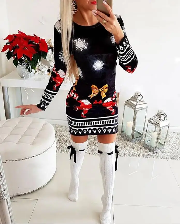 Women's Christmas Dress 2025 Autumn Winter Christmas Mixed Print Long Sleeved Mini Dress High Waisted Hip Hugging Short Skirt