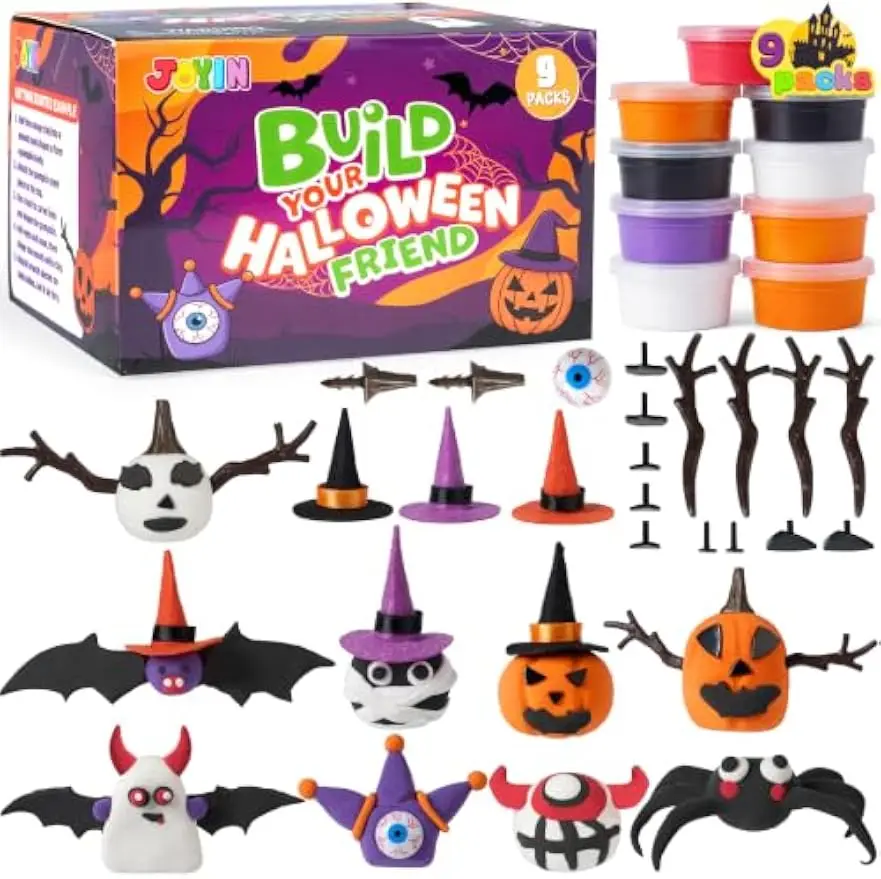 Halloween Craft Air Dry Clay Kit 9 Packs Modeling Clay DIY Make Characters Kit Ultra Light and Soft for Halloween Arts and Craft Activities Gifts for Kids Classroom Party Favors Funny Toys