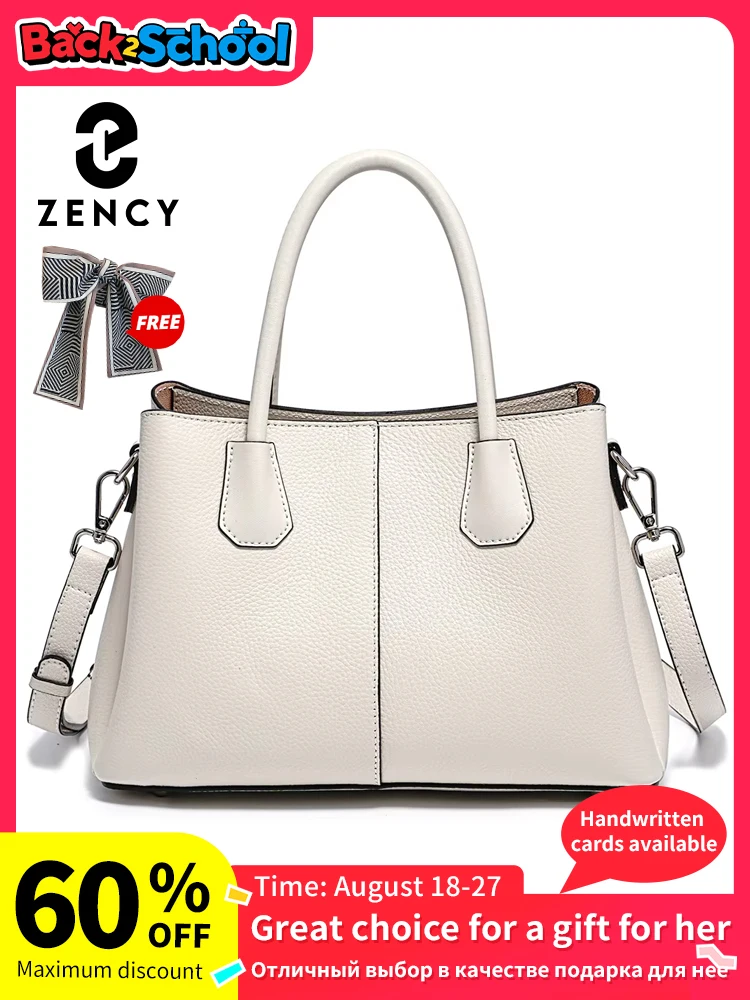 

Zency Women's Genuine Leather Top-Handle Bag Noble White Luxury Crossbody with Three Compartments for Daily Work And Shopping