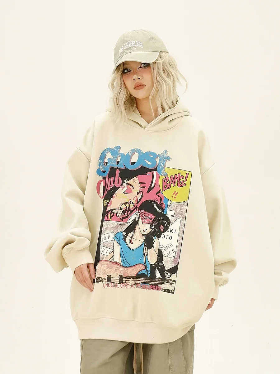 Illustration Cartoon Print Hoodies 2024 Autumn New Loose Bf American College Style Top Women