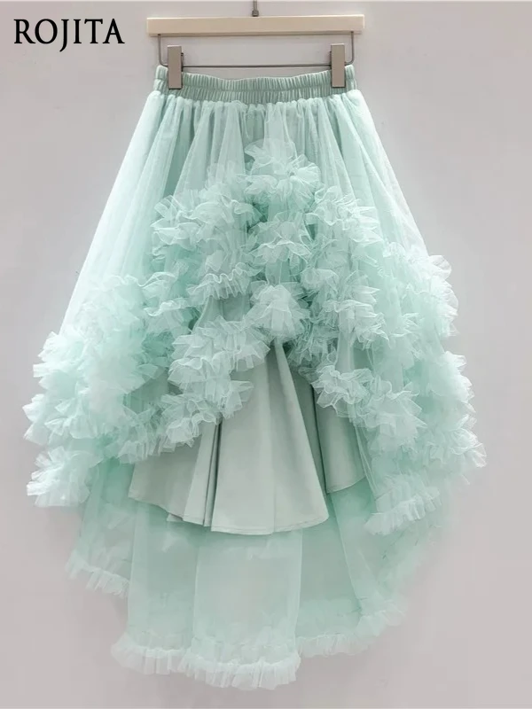 Retro Green Mesh Fluffy Irregular Skirt Women's Summer High-end Temperament Waist Black Skirt Midi Skirt Kawaii Skirts