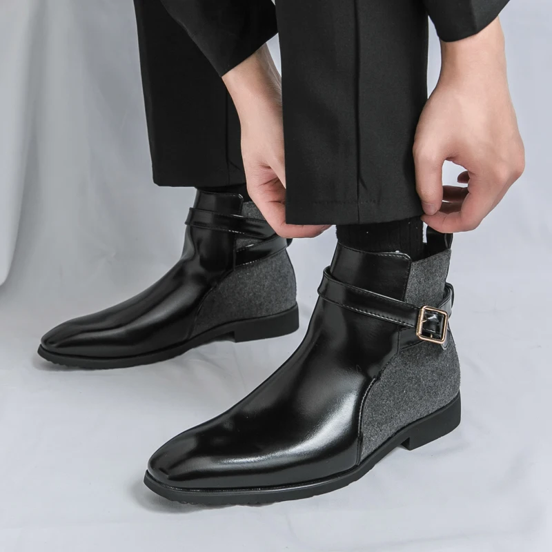 

Men High Top Boots with PU Splicing Retro Classic Bare Boots Comfortable Business Men Boots