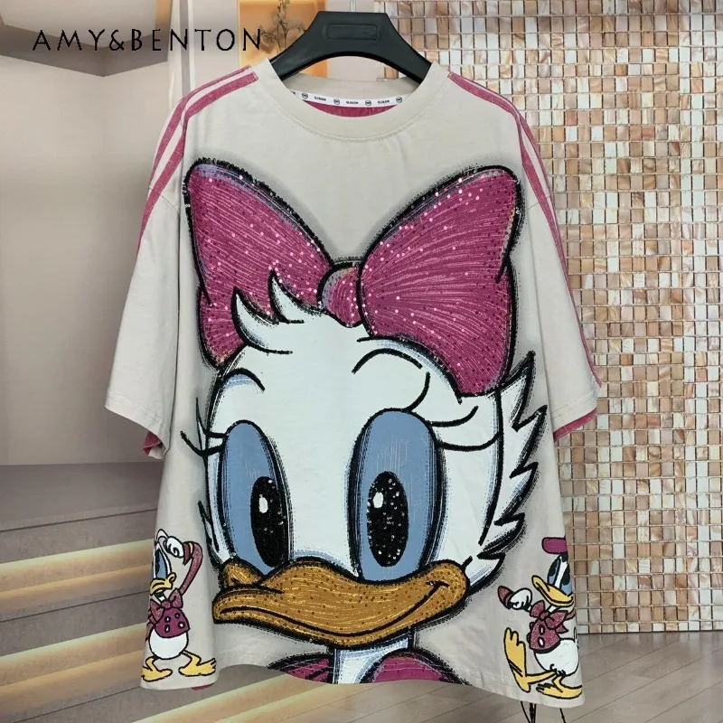 

Trendy Brand Spring-summer Heavy Craft Cartoon Cute Youthful Tees Fashion Loose-fitting Short-sleeved T-shirt Pullover For Women