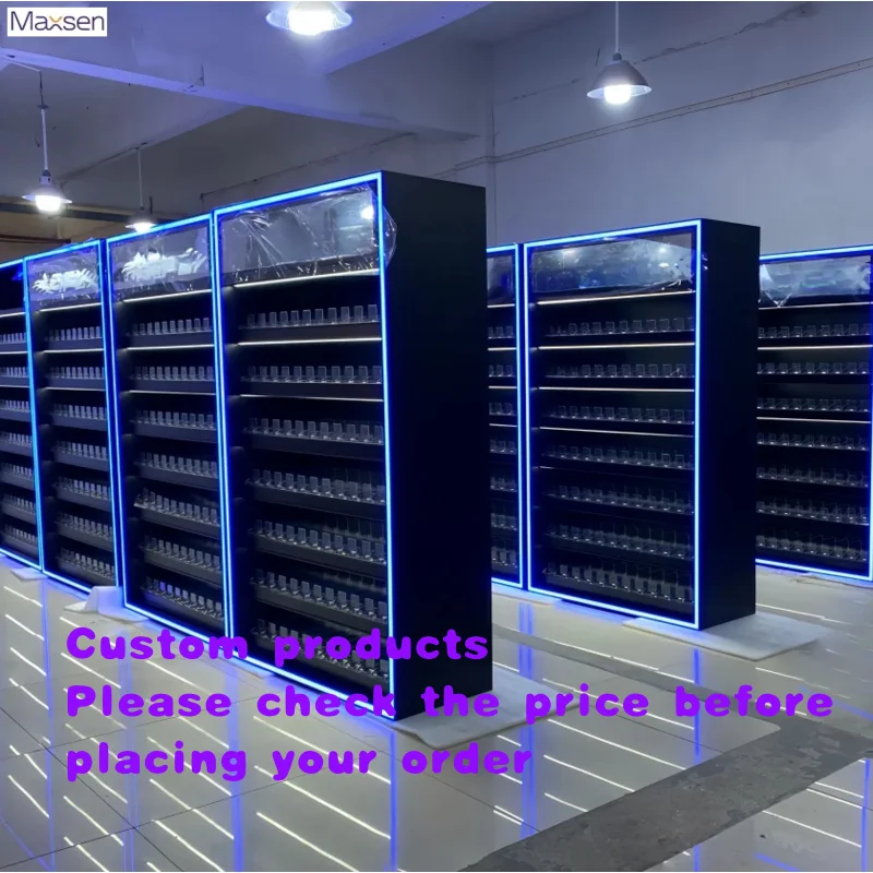 custom.Customizable Modern Portable Floor Standing Metal Glass LED Light Display Cabinet 8 Adjustable Shelves 3 Lockable Drawers