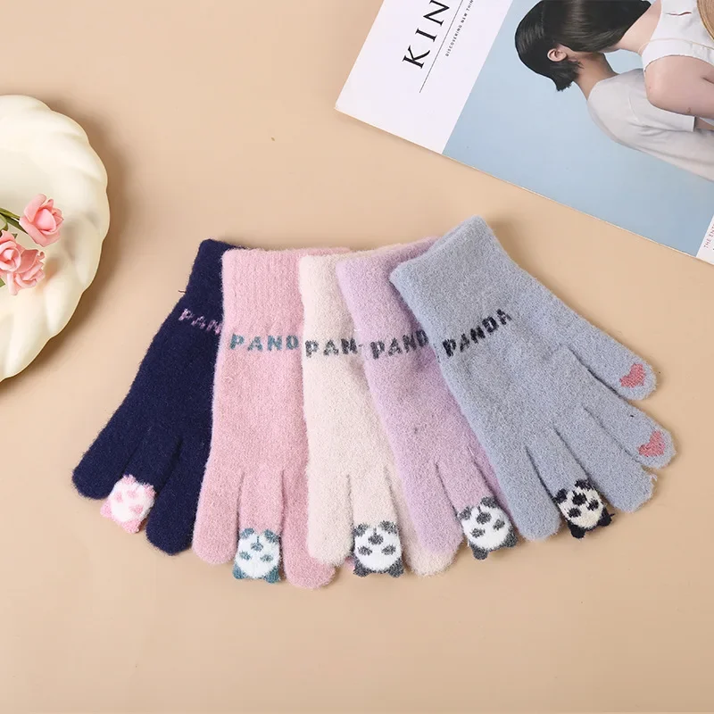 Autumn and Winter Warm Student Touch Screen Five-finger Plush Gloves Knitted Finger Cartoon Panda Color Plush Cycling Gloves