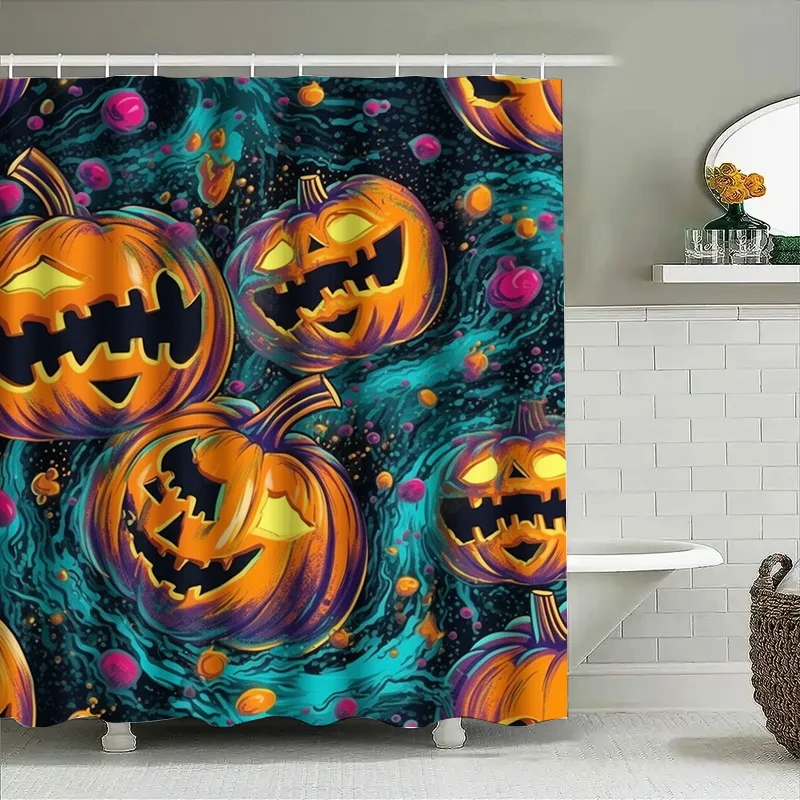 

Tuniu Spooky Halloween Pumpkin Shower Curtain Dark Blue Purple Scary Decor Art Pattern Bathroom Decor
