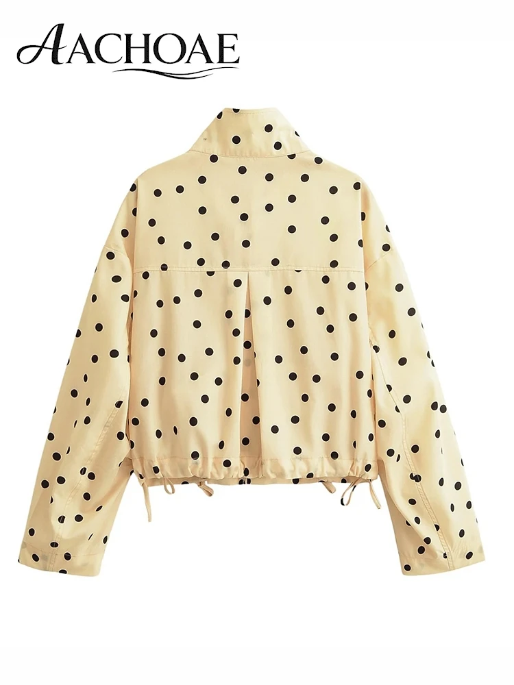 AACHOAE Women Polka Dot Cropped Jacket Lightweight Drawstring Hem Button Down Long Sleeve Casual Short Coat Streetwear Top
