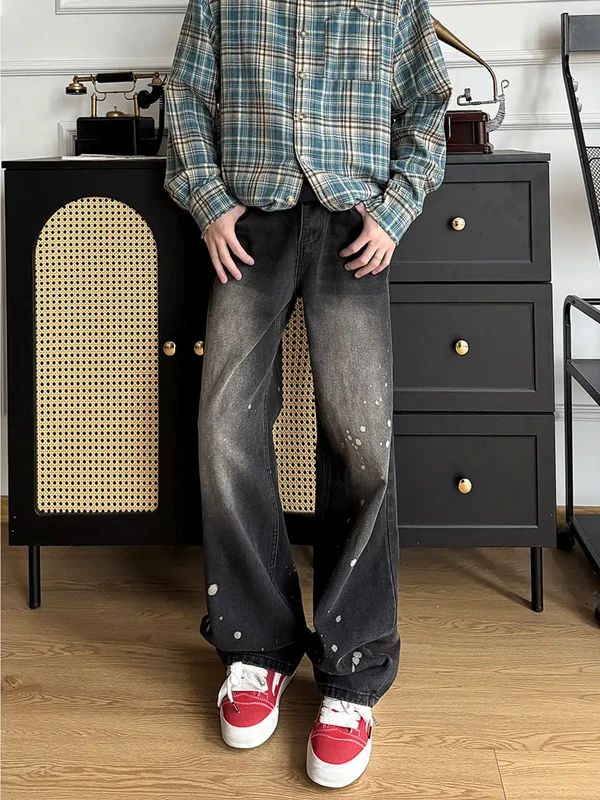 

Retro American Men's High Waist Straight Leg Jeans Dyeing Waed Micro Flared Street Sle Vibe Spring Season Denim Pants
