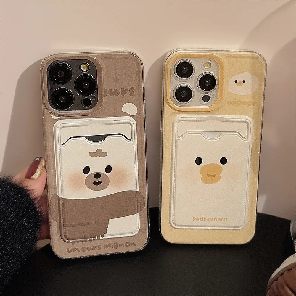 Cartoon Bear Duck Card Holder Couple Phone Case For iPhone 16 13 15 14 12 11 Pro Max XS XR 7 8 Plus Shockproof Protective Cover