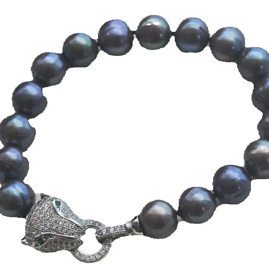 

Браслет из натурального черного жемчуга 11-12 мм, Южно-Китайское море, качество ААА, серебро 925 пробы, застежка в виде головы леопарда, элитное ювелирное украшение, подарок