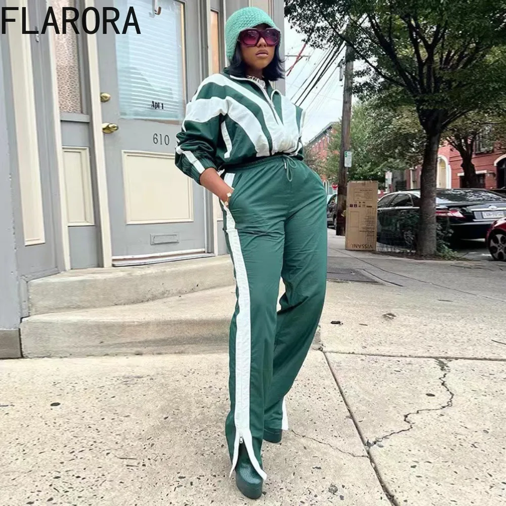 FLARORA 2024 Autumn Contrast-color Women Tracksuits Casual Zipper Fly Coat And Side Stripe Jogging Pants Women\'s Two Pieces Set