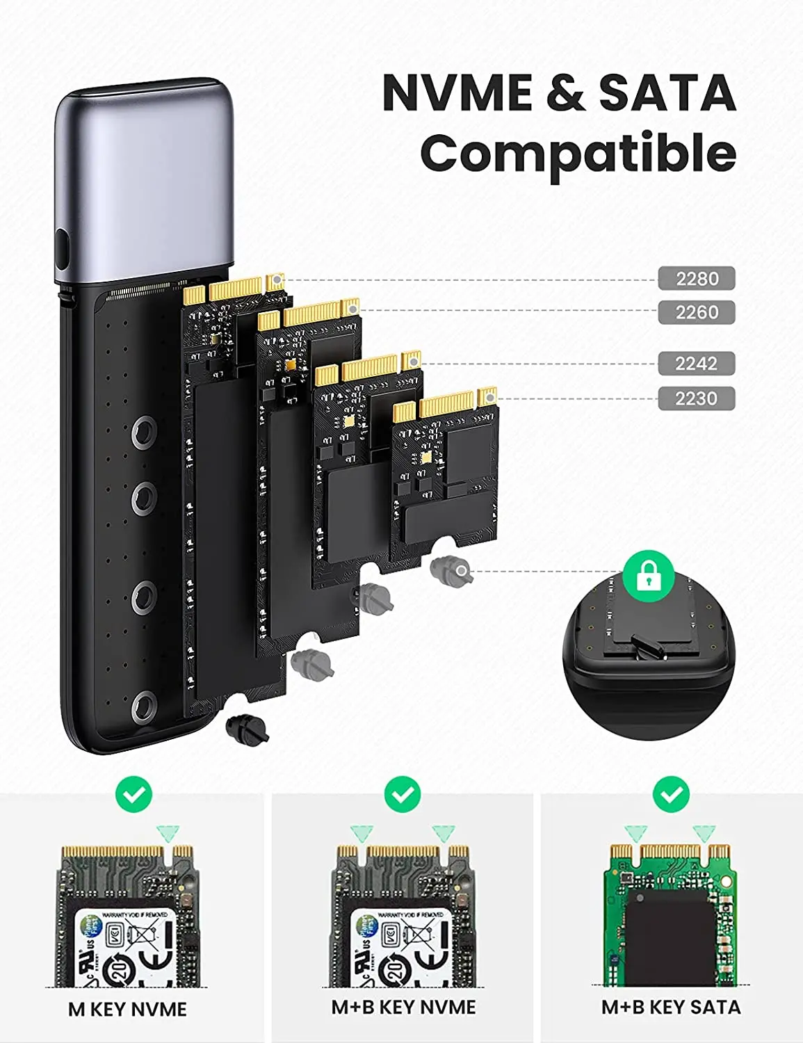 UGREEN M.2 NVME SATA SSD Enclosure USB C 3.1 Gen 2 10Gbps M.2 NVME Enclosure Supports M and B&M Keys