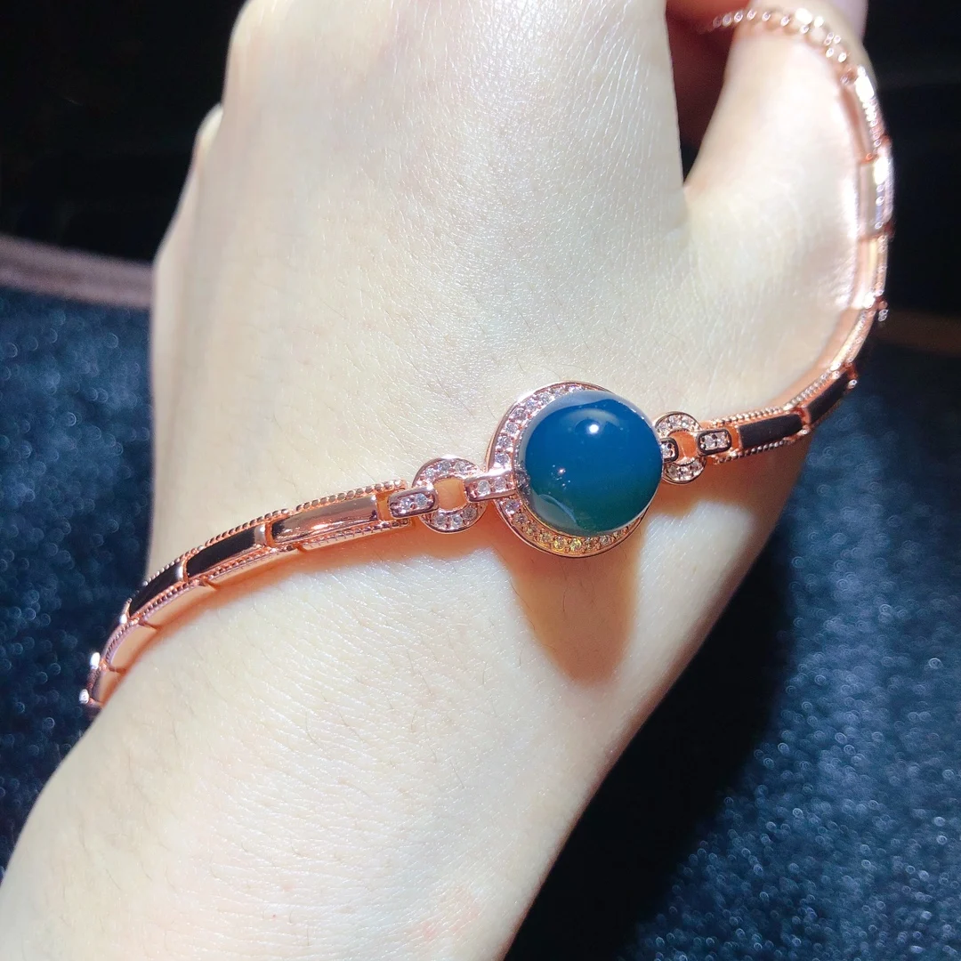 

Romantic Blue Pearl Bracelet Rose Gold Silver with Diamond Accents 11mm Blue Amber Bead Anniversary Gift for Girlfriend