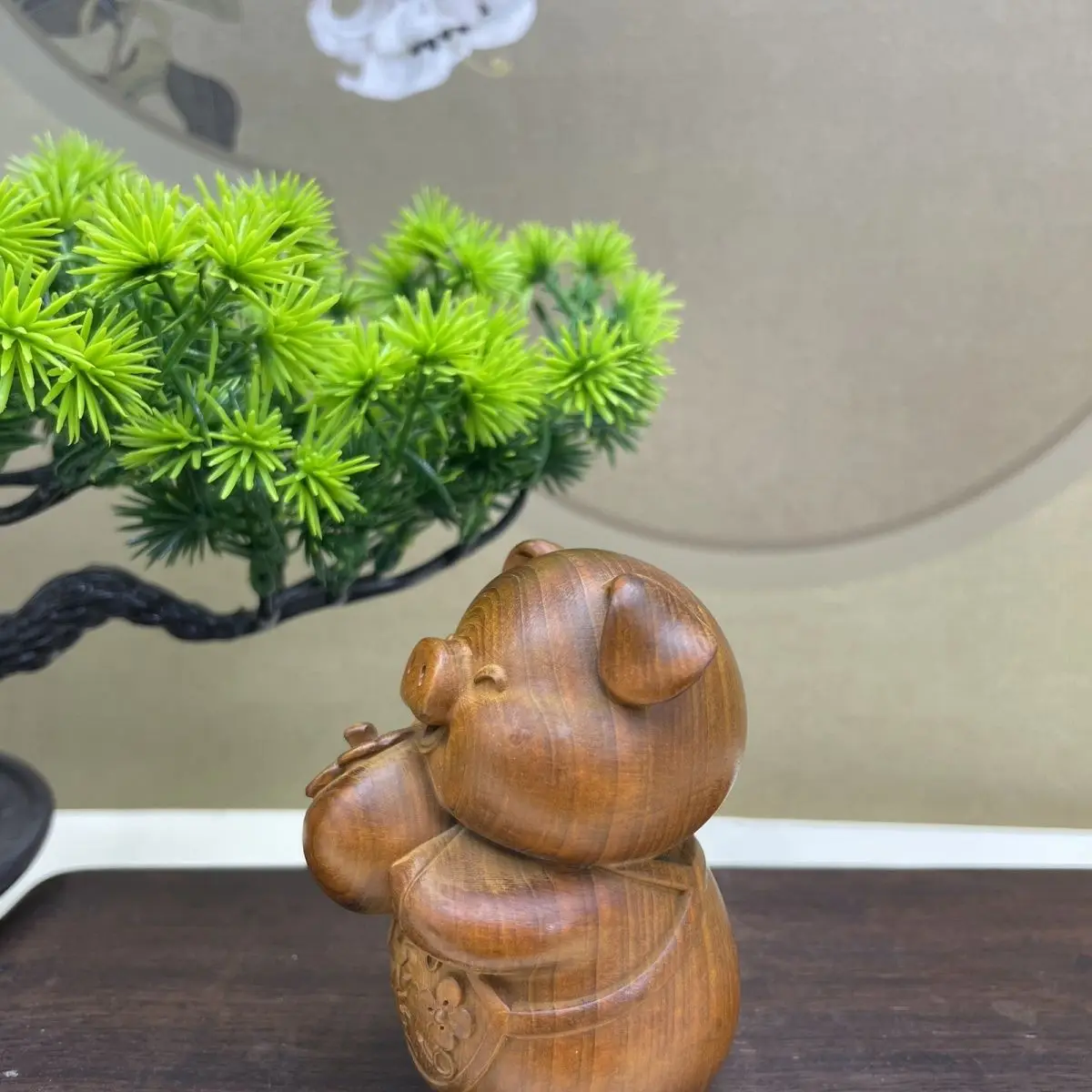 Hand Carved Wood Lucky persimmon pig Statue Figurine Desktop Ornaments Home Decoration