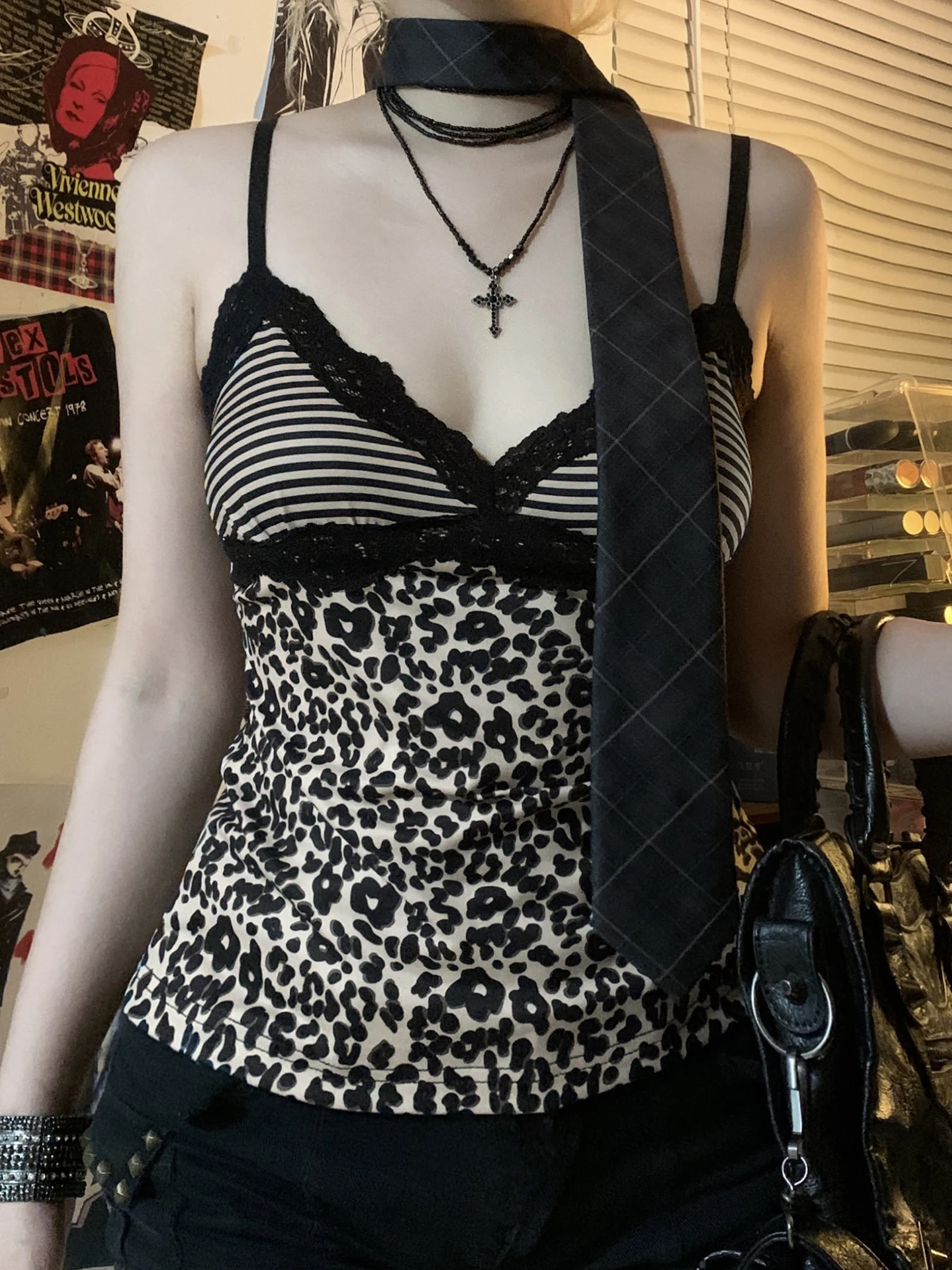 Rockmore Leopard Print Camisole Coquette Lace Frill V-neck Crop Top for Women Sexy Backless Y2K Vintage Stripe Patchwork Vest image 4