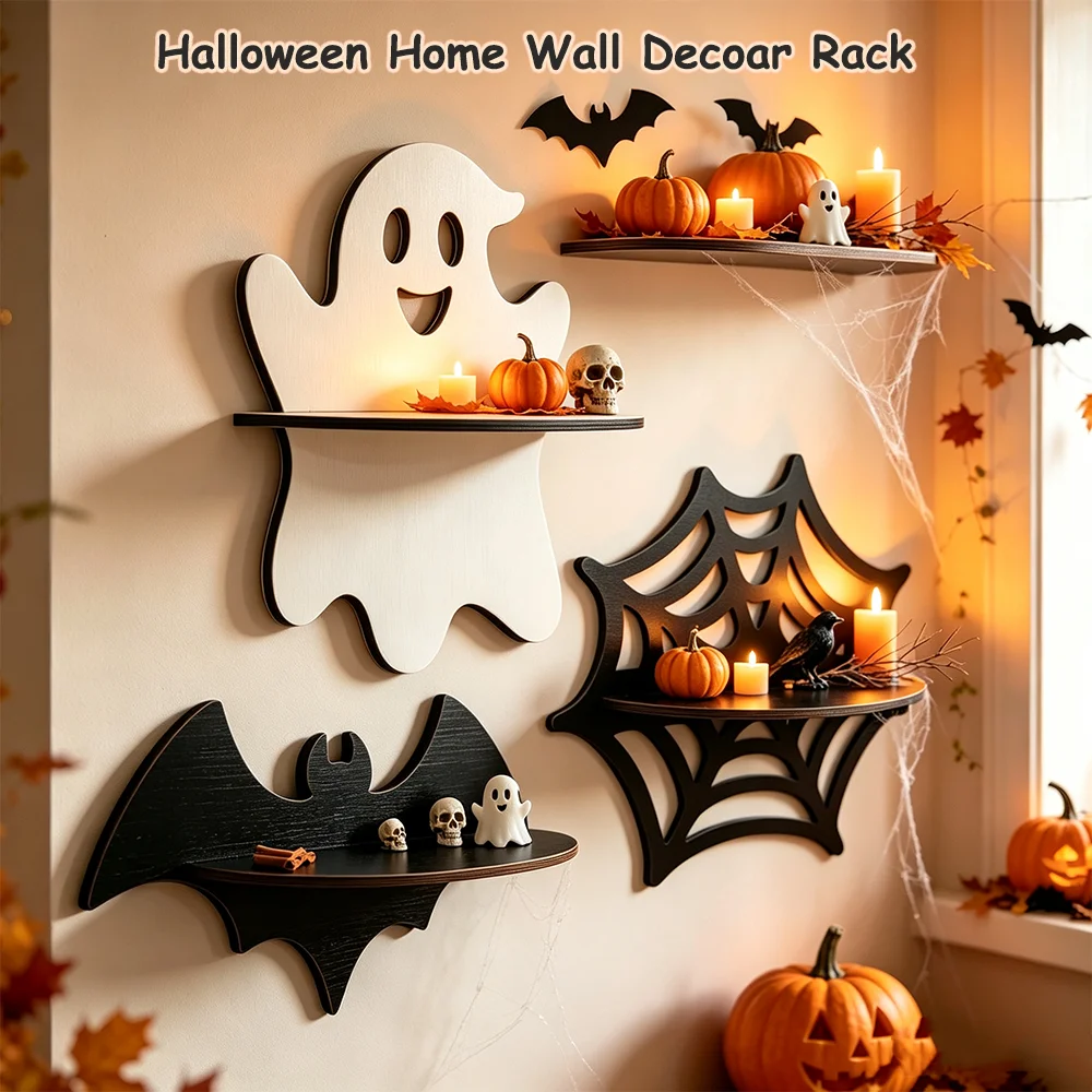 Halloween Wooden Wall Shelf Ghost Spiderweb Bat Wall‑Mounted Storage Rack Spooky Wall Decor for Home Party Decoration Ornament