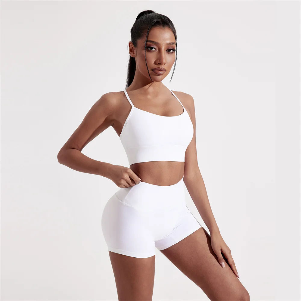Solid Color Soft Women Gym Yoga Short Set Sexy Cross Back Y Shine Sports Bra+High Waist Sports Short Leggings 2pc Tight Athletic