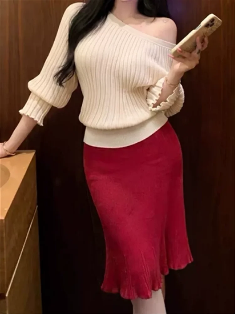Korean Chic New Fall Knitted Two Pieces Sets Elegant Women Off Shoulder Short Sweater&High Waist Pencil Skirt Suits Knitwear