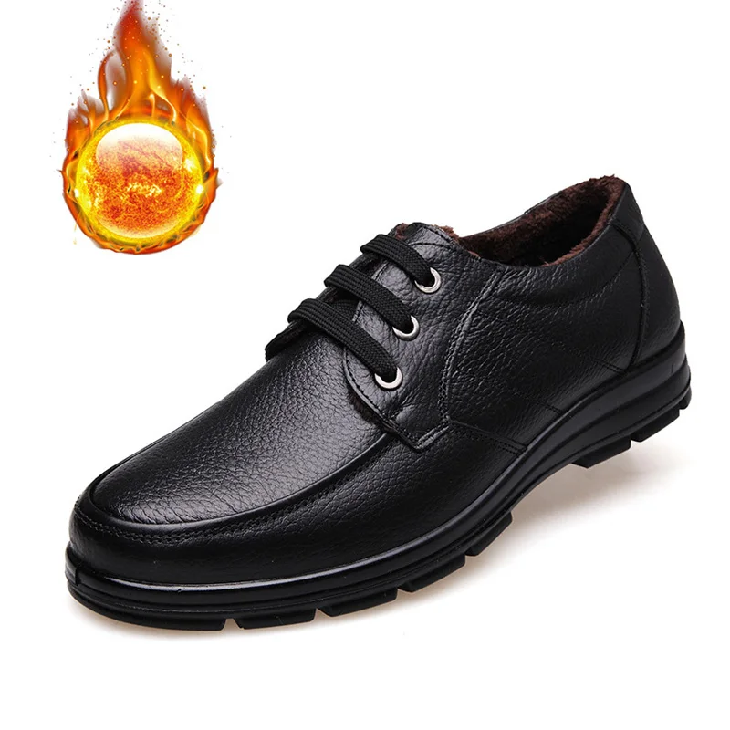 2024 Winter Genuine Leather Shoes Men Winter Shoes Brand Footwear Warm Plush Mens Casual Shoes Black A444