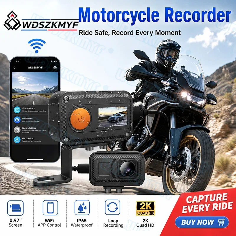 2K Motorcycle Camera WiFi DVR Dash Cam 0.97INCH IP65 Waterproof 170° Wide Angle with Loop Recording Moto Outdoor Riding Recorder