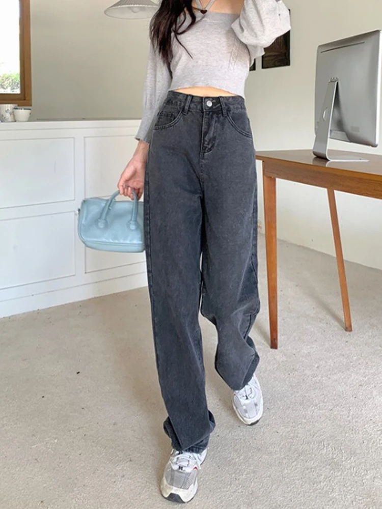 

Утягивающие свободные прямые джинсы с высокой талией на подкладке, женские осенние драпированные широкие брюки небольшого размера в пол