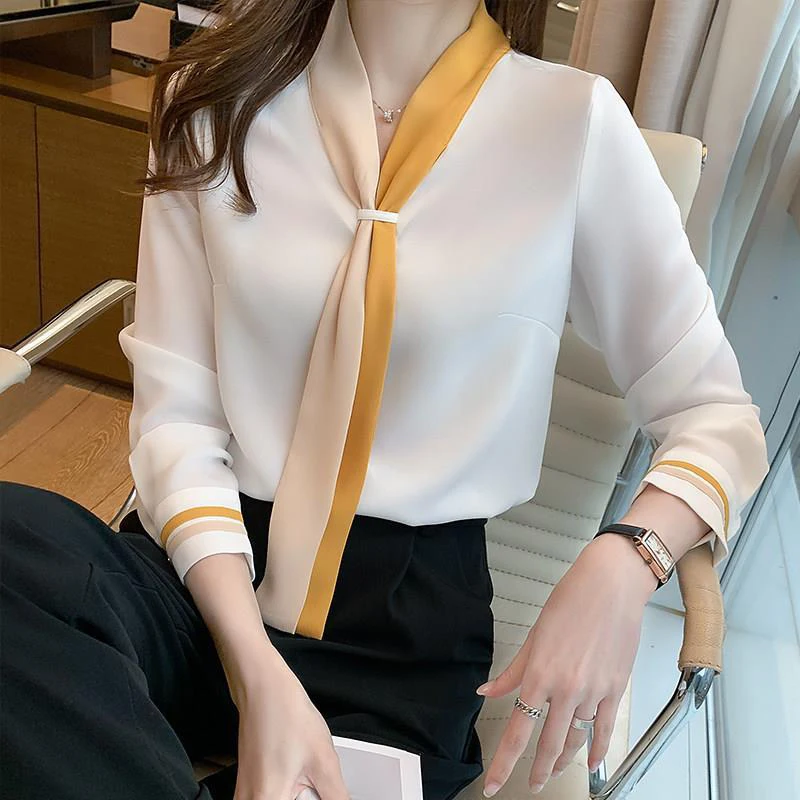 Elegant Fashion Chiffon Shirt Women Loose Scarf Collar Bow Beading Blouse Spring Autumn Solid Korean Long Sleeve Casual Tops