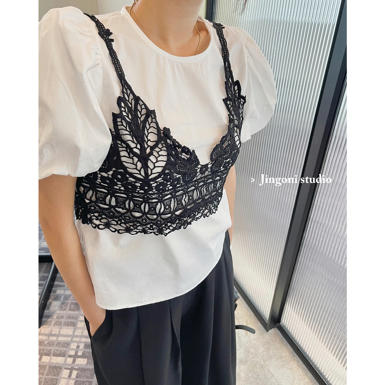 Fashion Woman Blouse 2023 Shirts Top Lace Short Sleeve Elegant Youth Vintage Summer Chic Y2k Clothing Korean Style Crop Black