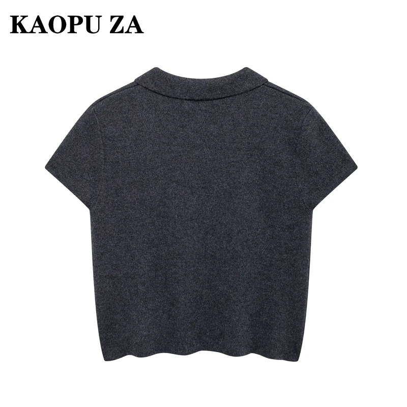 KAOPU ZA 2024 Autumn New Woman's Fashion Black Knitted Coat Lady Chic Turn-down Collar Cardigan Short Sleeve Jacket Short Top