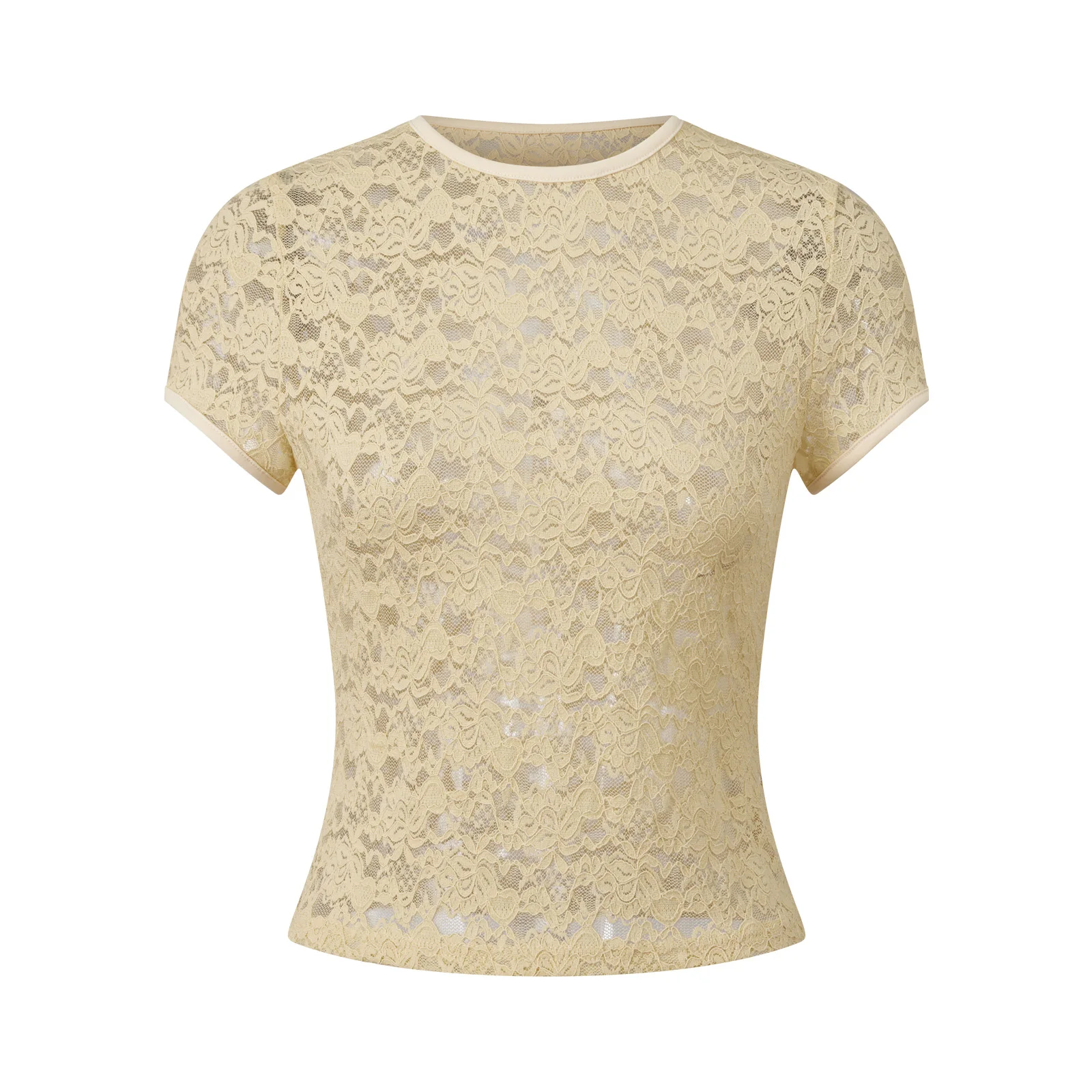 Women Lace Top, Crew Neck Short Sleeve Solid Slim Fit Summer Sheer T-shirt Clubwear