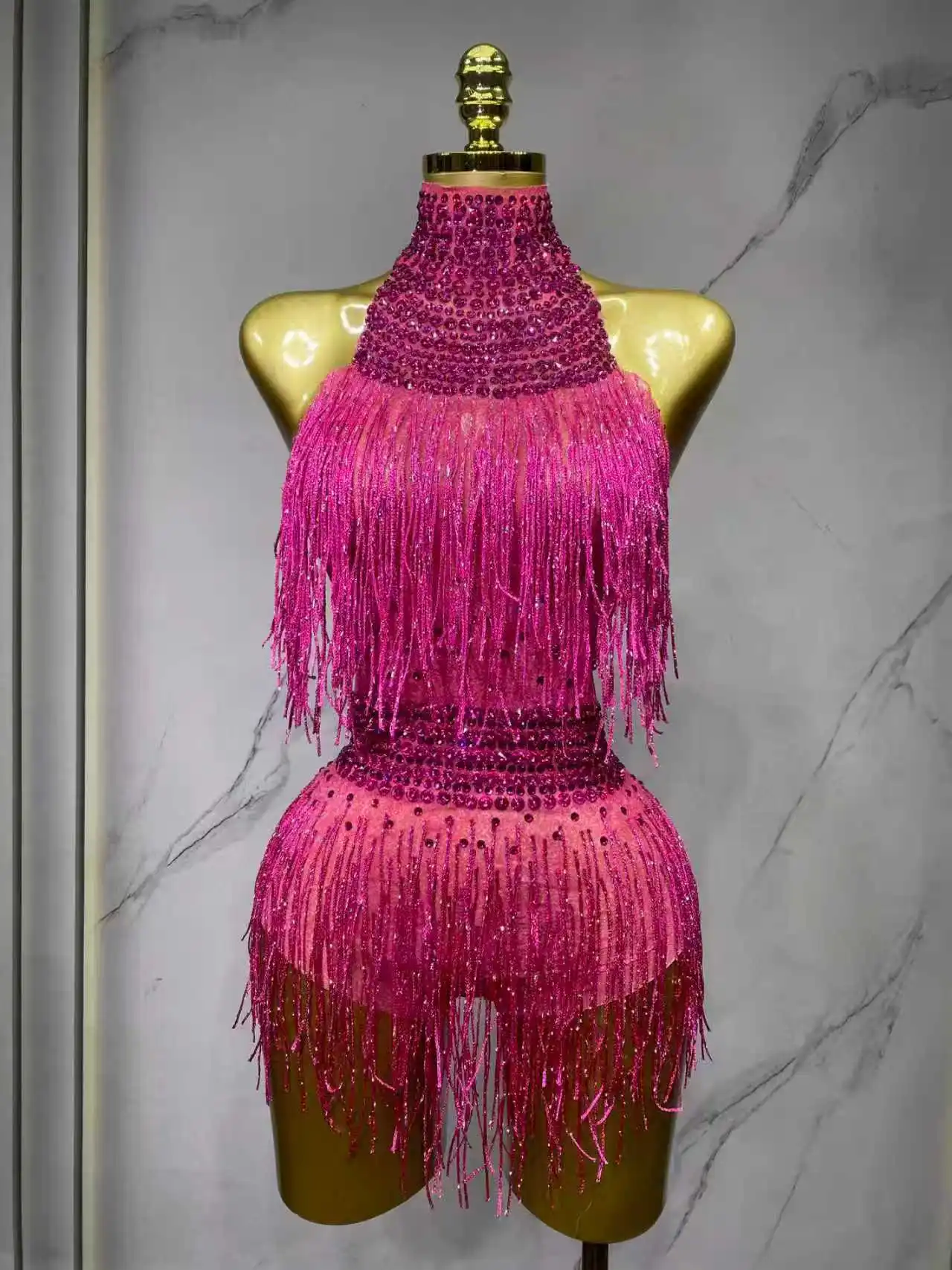 

Костюм для певицы и танцовщицы, блестящая танцевальная одежда из лайкры с бахромой из страз, сексуальный облегающий танцевальный костюм, сценический наряд для выступлений в ночном клубе