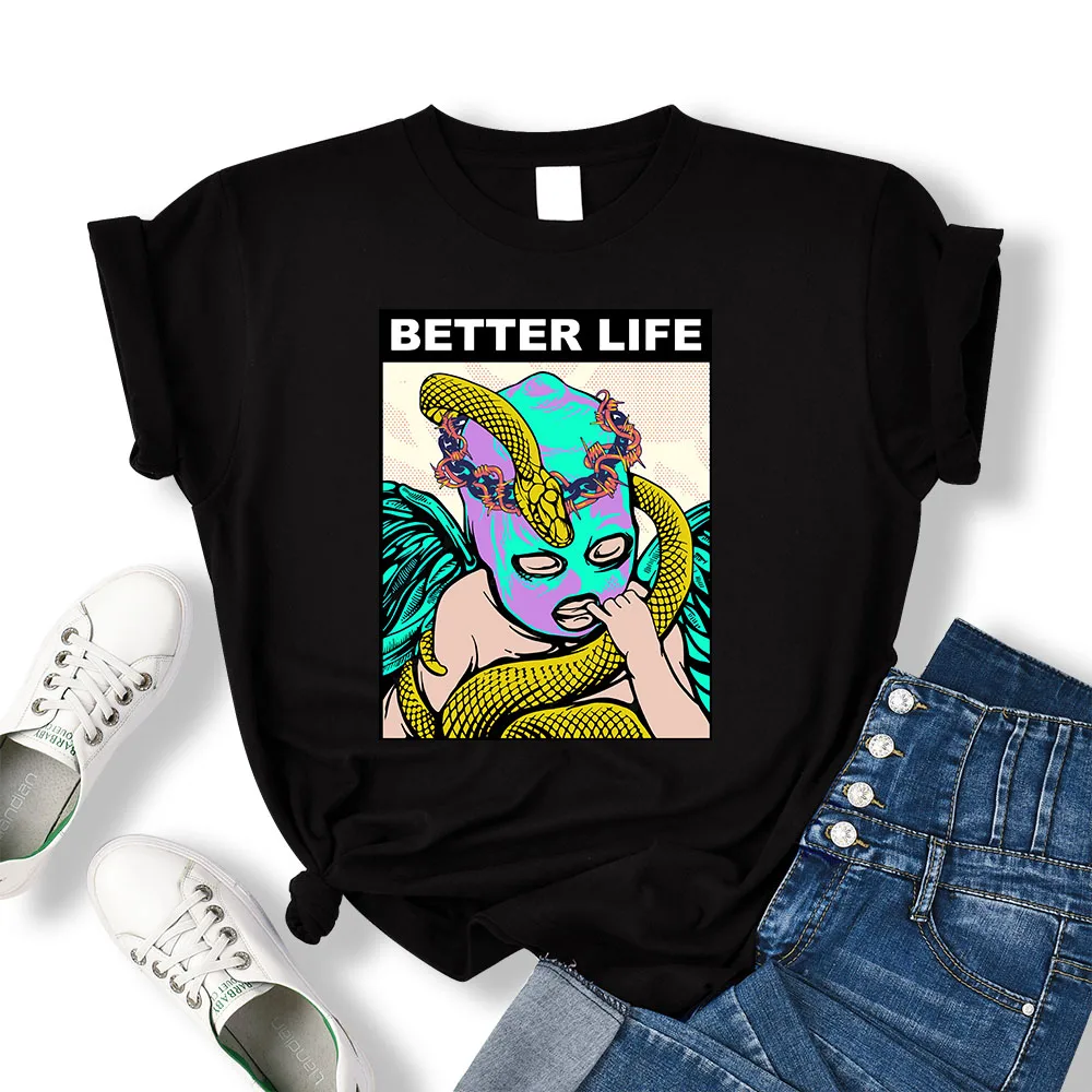 Better Life Cupid Wearing A Mask Play With Snake Printed T-shirts Female Oversized Casual Tee Clothing Hip Hop Personality Tops