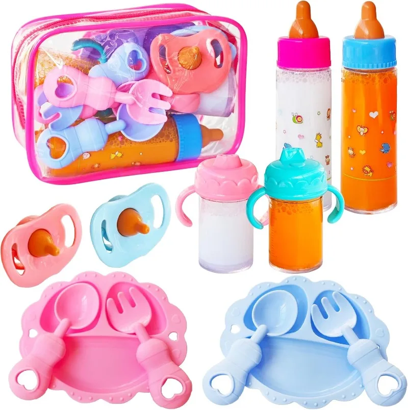 13-Piece Baby Doll Accessory Set, Baby Bottle Feeding Set Pretend Play Feeding Toy Magic Disappearing Juice Bottle Pacifier