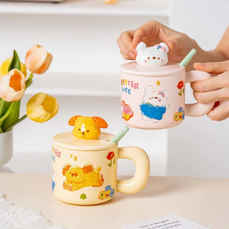 

Cartoon Animal Ceramic Coffee Cup Cute Mug Breakfast Milk Water Cup with Lid Spoon Set Household Kitchen Drinking Utensils