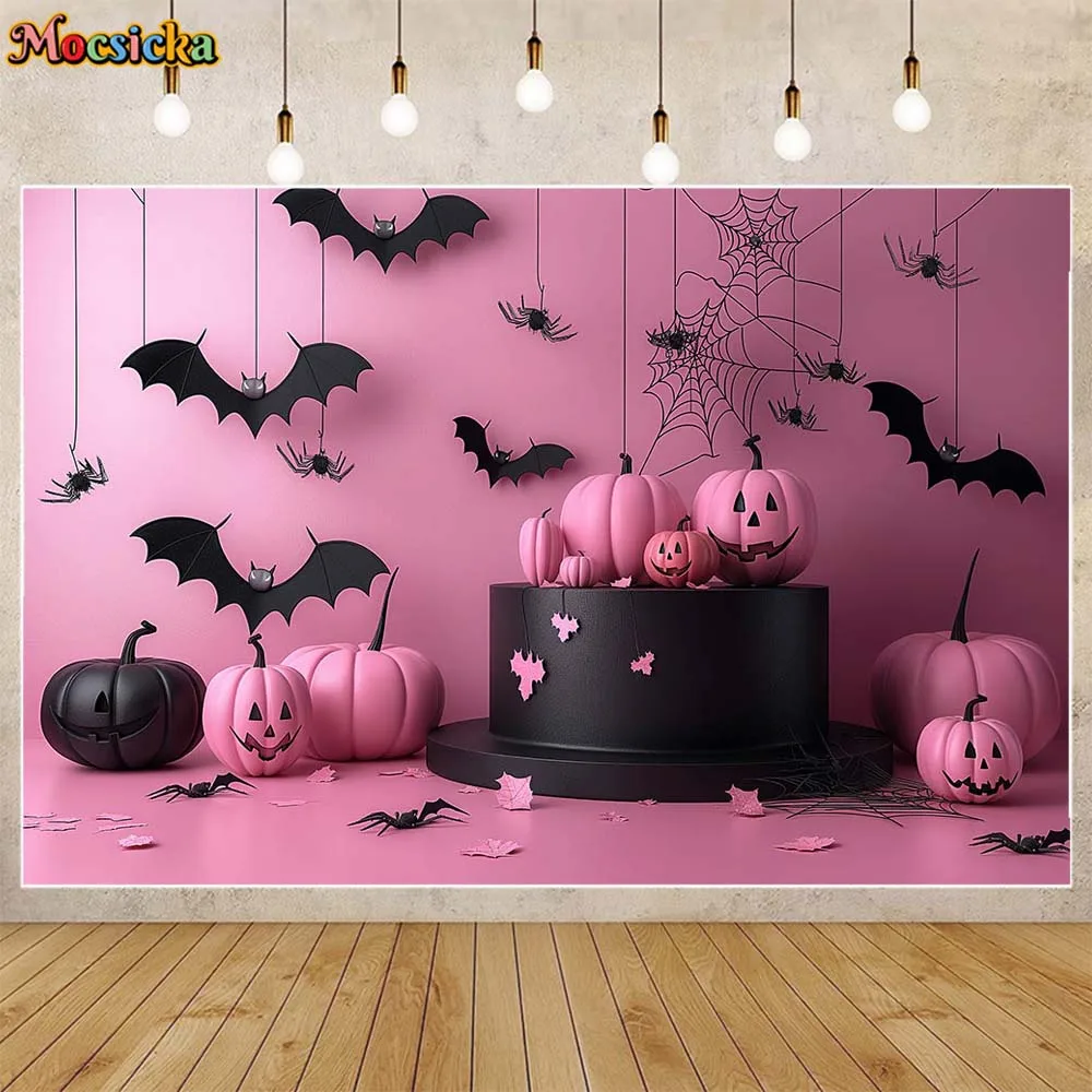 

Mocsicka Halloween Photography Backdrops Purple Wall and Floor Evil Pumpkin Bat Spider Baby Kids Portrait Photo Background Props