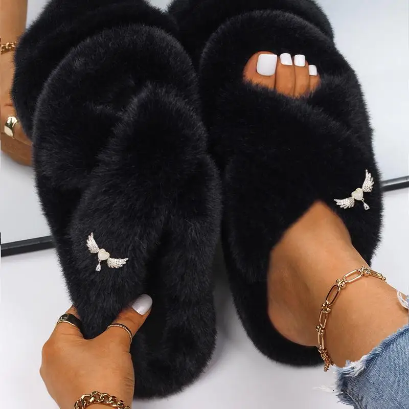 Fluffy Slippers Female Lovely Love Angel Wings Decor Furry Slides Women Faux Flip Flops Flat Fur Sandals Home Indoor Shoes