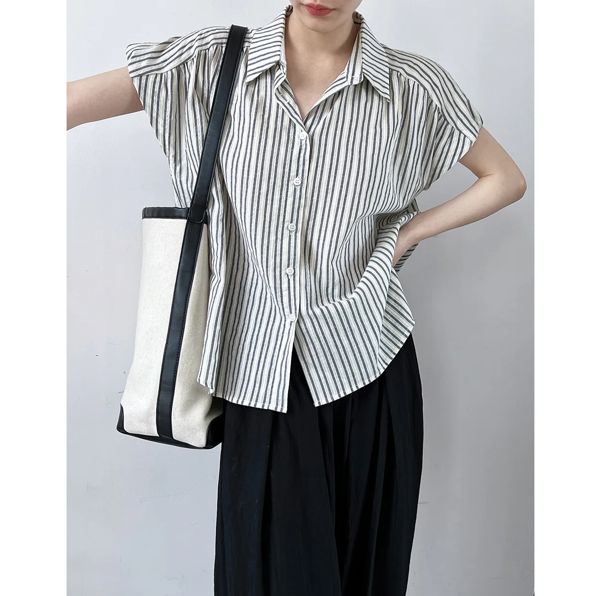 

Lu Xi Gang Flavor Thin Style Off Shoulder Short Sleeve Striped Shirt for Women Xia Han Style Small Fresh and Slim Design Feel
