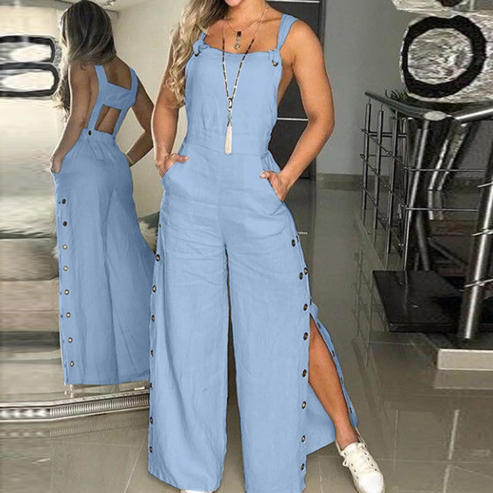 

Women's Summer Sleeveless Cotton Linen Playsuits Strappy Side Button Opening Overalls Loose Long Wide Leg Pants Female Jumpsuits