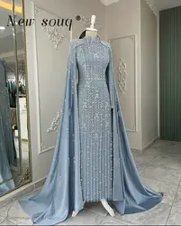 Dubai Arabic Dusty Blue Long Cape Sleeve Muslim Evening Dresses Customized Vintage Beaded Prom Gowns For Women Party Middle East