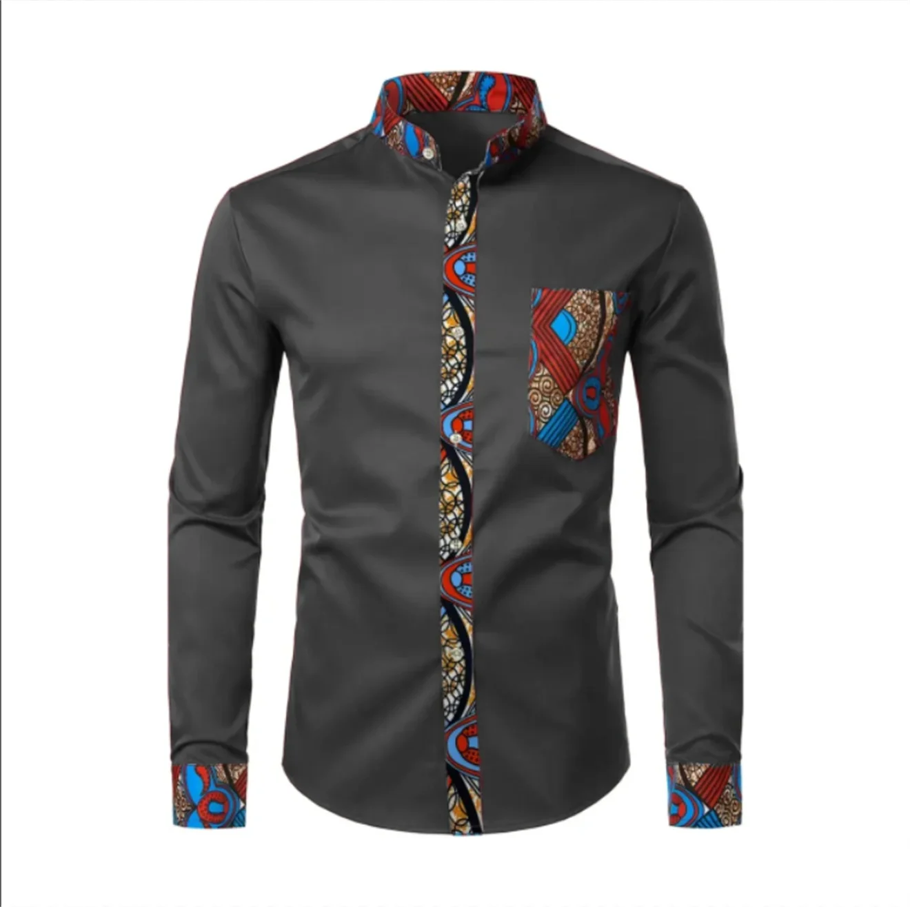 2025 Dashiki 아프리카 남성 셔츠 패치 워크 포켓 Africaine 프린트 셔츠 남성 앙카라 스타일 긴 소매 디자인 칼라 Mens Dress Shir