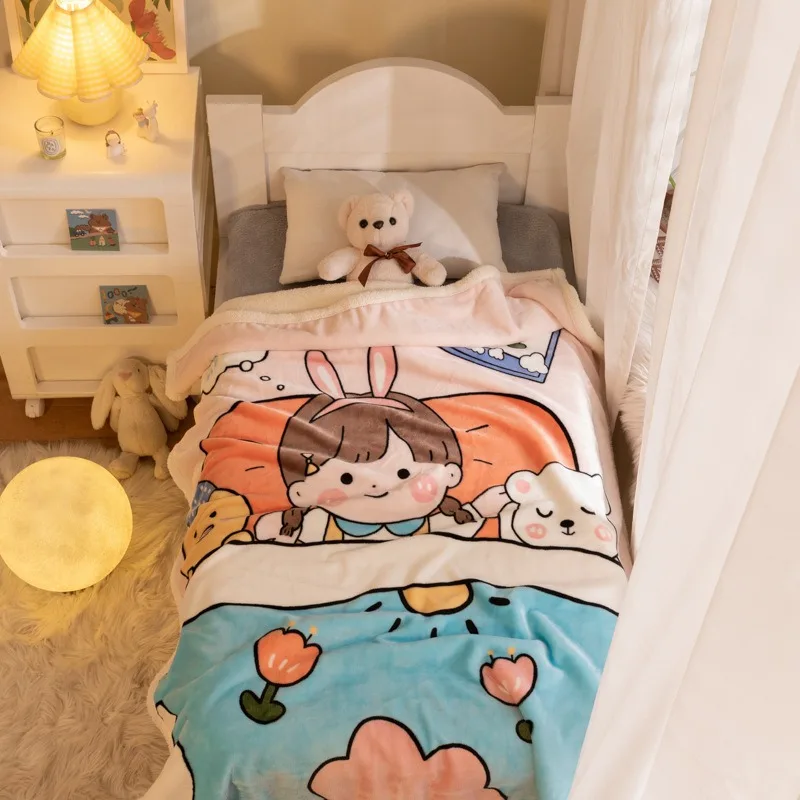 Double Layered Thickened Plush Children's Blanket Cartoon Lamb Wool Kindergarten Nap Four Season Blanket Bedroom Sheet