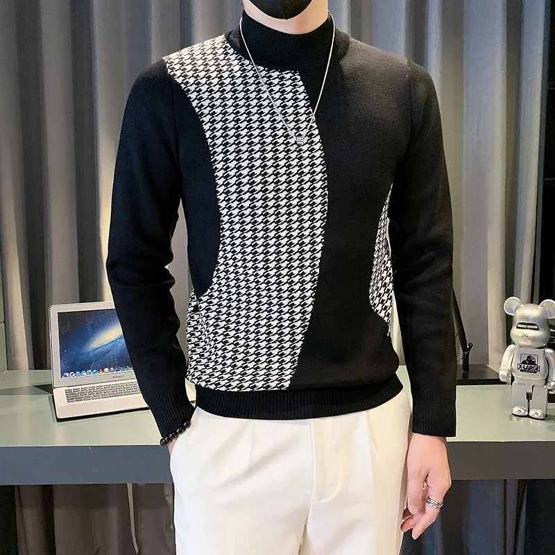 Men Autumn Winter High Quality Knitted Sweaters/Male Slim Fit Fashion Plaid Casual Pullover/Man Long Sleeve High-neck Sweaters