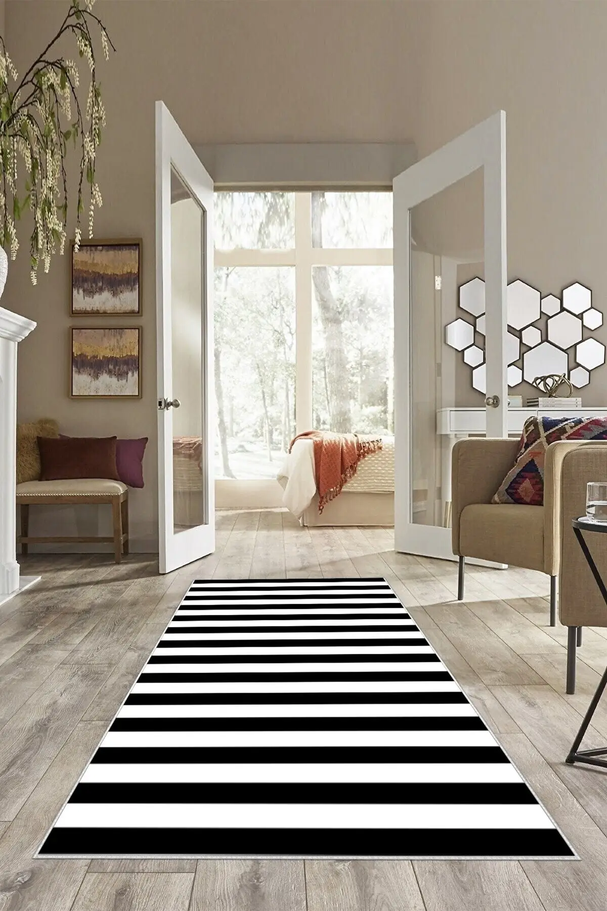 DOLBOVI black white striped washable non-slip sole stain resistant Modern living room carpet and runner